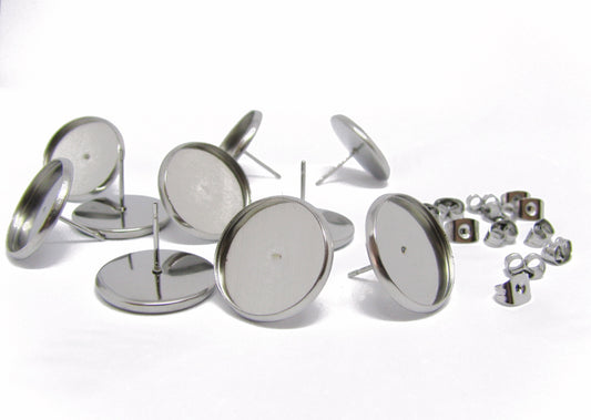 10 Edelstahl Ohrring Rohlinge für Cabochon o. Gießharz, 17,5mm, Silberfarben