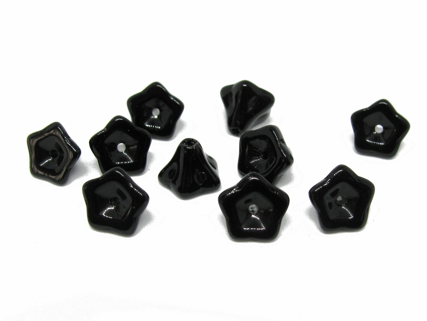 20 Glasperlen Blütenkelche, 7 x 9 mm, schwarz, Perlen basteln, Blume, fädeln