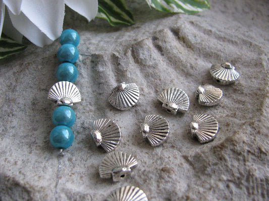 10 Metallperlen Muschel, Silberfarben 1,15cm, maritim, Meerestiere, Perlen basteln