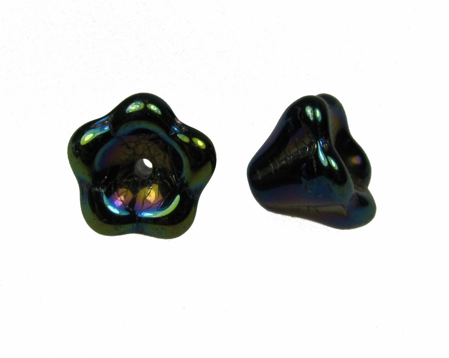 8 Blütenkelche schwarz irisierend 6x8mm, Glasperlen, Perlen basteln, Perlenengel
